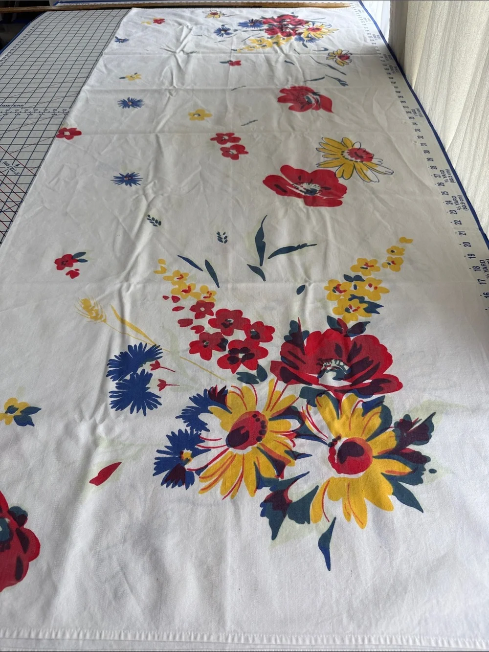 Vintage 50s Floral Tablecloth 64 x 52 Red Yellow Blue Cotton Kitchen Linen